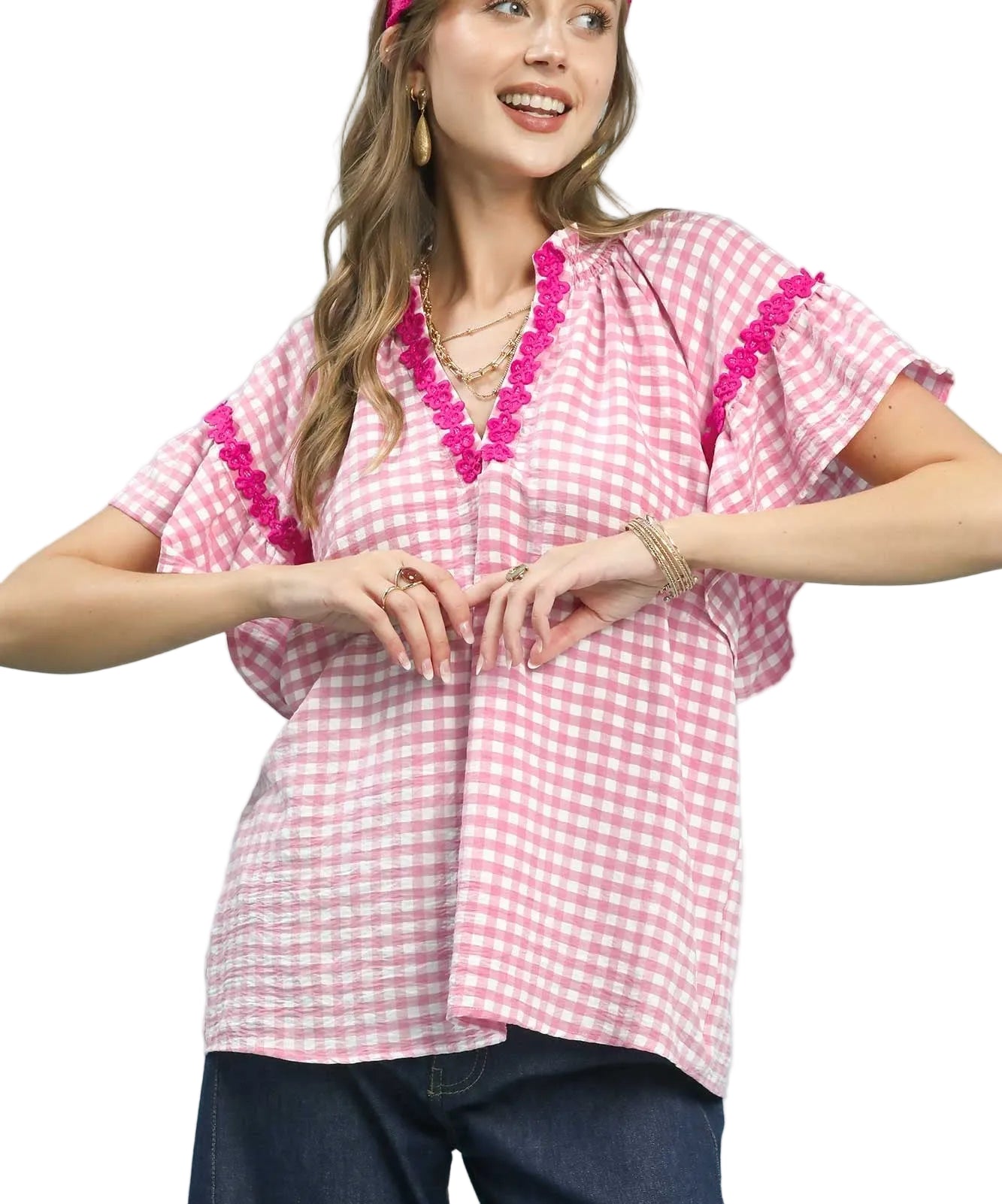 Umgee Gingham Lace Trim Top