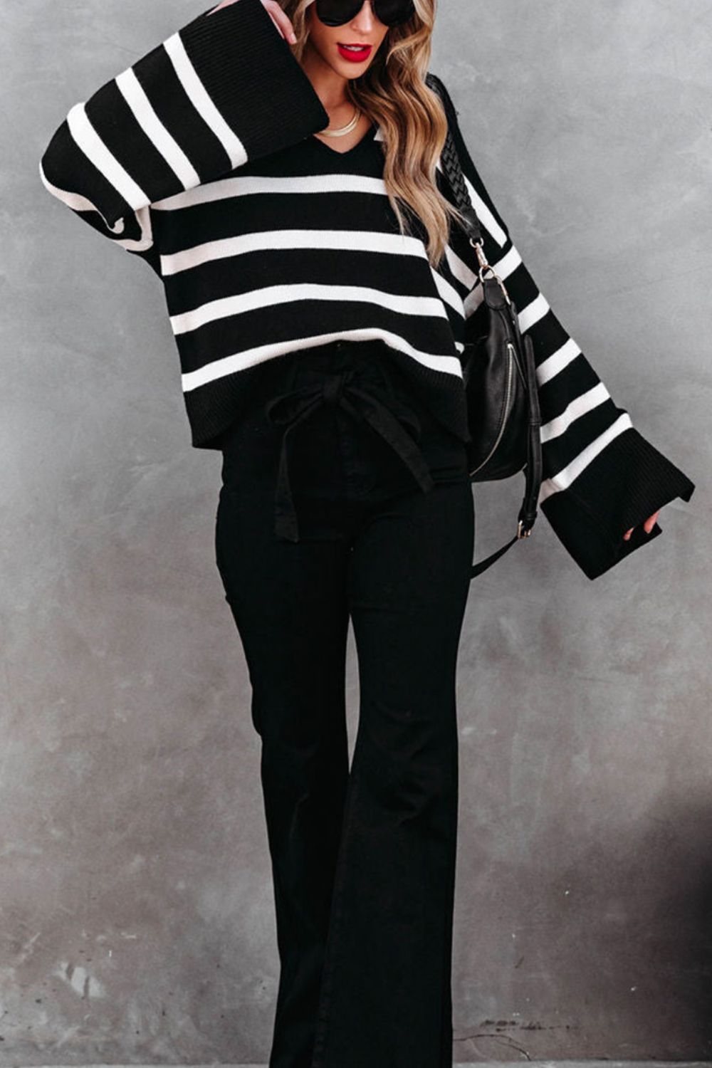 Striped Women Sweater V Neck Oversized Johnny Collar Long Sleeve Pullover