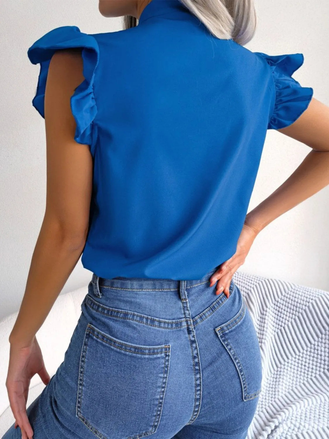 Women's Blouse Bow Tie Neck Ruffle Cap Short Sleeve Top 575ddfe4-309e-48d5-8d7a-d80d446f13eb-Max-Origin Trendsi