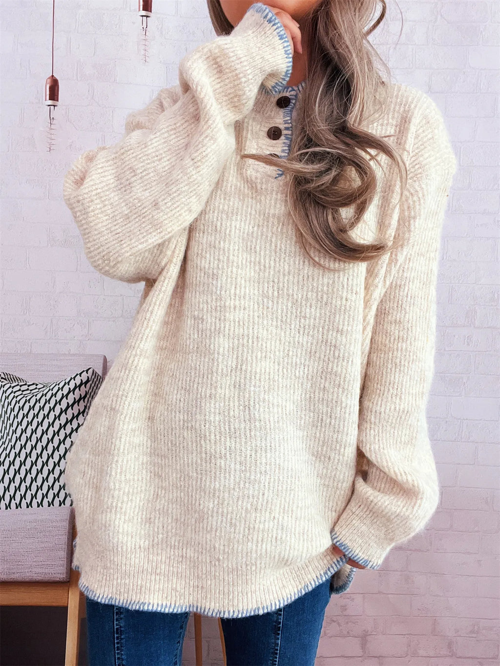 Women's Sweater Ribbed Knit Button Detail Long Sleeve Oversized Pullover Apricot One Size 5772eddfa8c64e808be436ca378083c5-Max-Origin Trendsi