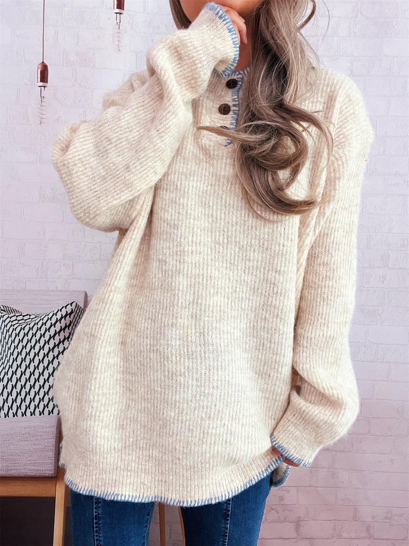 Women's Sweater Ribbed Knit Button Detail Long Sleeve Oversized Pullover Apricot One Size 5772eddfa8c64e808be436ca378083c5-Max-Origin Trendsi