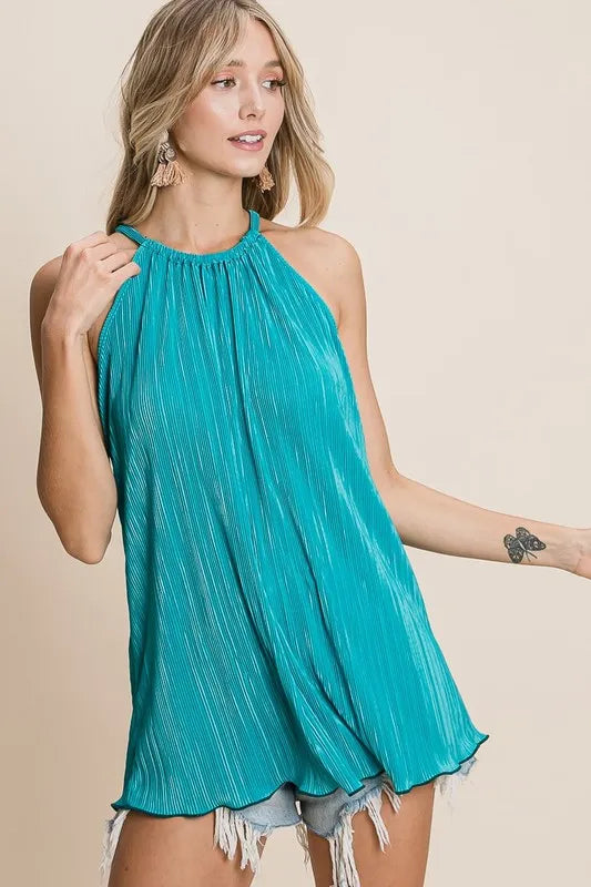 BiBi Halter Top Teal Pleating Knit Ruched Tied Blouse TEAL 57793c7c34354d51b1c0296e7716e4b3-Max-Origin Trendsi