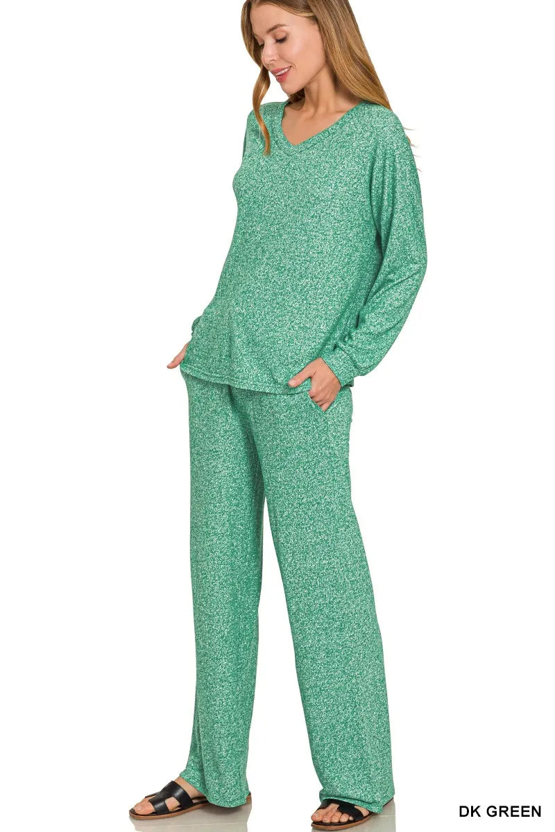 Zenana Outfit Set Green Soft Melange Long Sleeve Tee & Pants 2 Pcs 578611f0a641487abf9292ccef8953c2-Max-Origin Trendsi