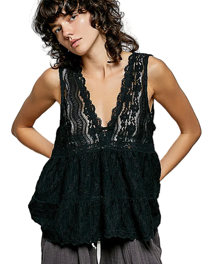 POL Deep V-Neck Scalloped Lace Sleeveless Top