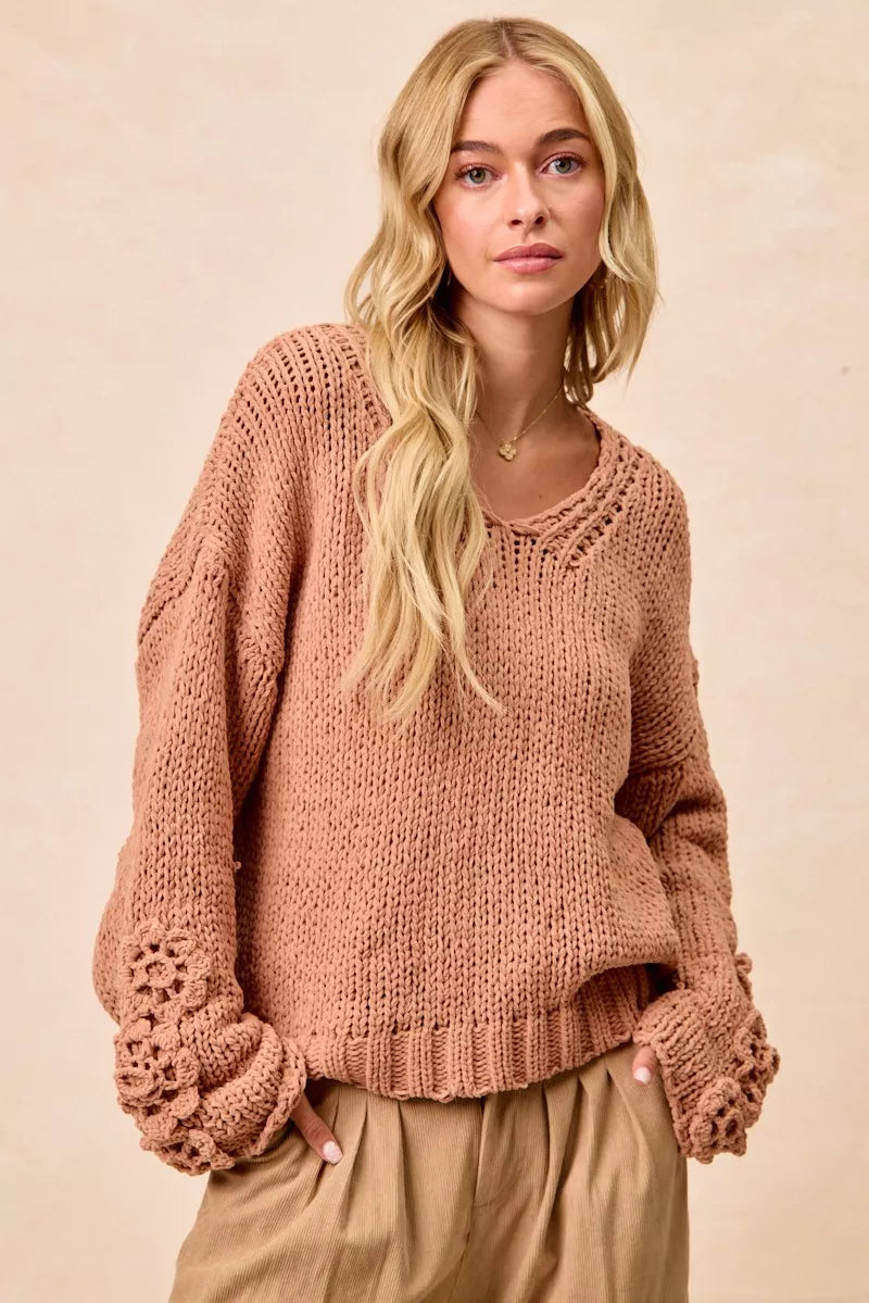 BiBi Womens Sweater Chunky Knit with Flower Detail Sleeves Peach 578759ea5b874bc6b69a7004d418df26-Max-Origin Trendsi