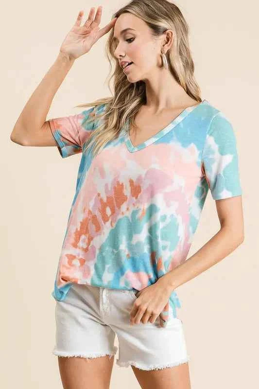 BiBi T-shirt Tie Dye Print Pink Mint Circular V Neck Top Short Sleeve 578ccce1691044119ac2535701860002-Max-Origin Trendsi