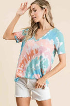 BiBi T-shirt Tie Dye Print Pink Mint Circular V Neck Top Short Sleeve 578ccce1691044119ac2535701860002-Max-Origin Trendsi