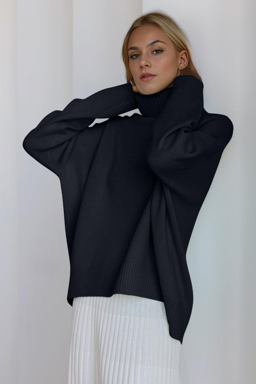 Basic Bae Turtleneck Sweater Viscose Long Sleeve Oversized Knitwear Black One Size