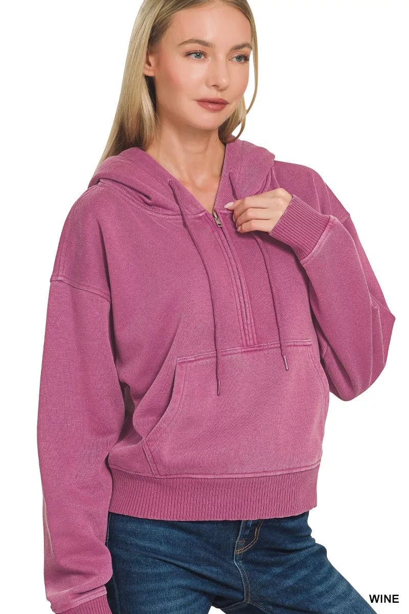 Zenana Fleece Pigment Dye Half Zip Kangaroo Pocket Hoodie 5792bf56c3e741178bfc57beeaa66ec9-Max-Origin Trendsi