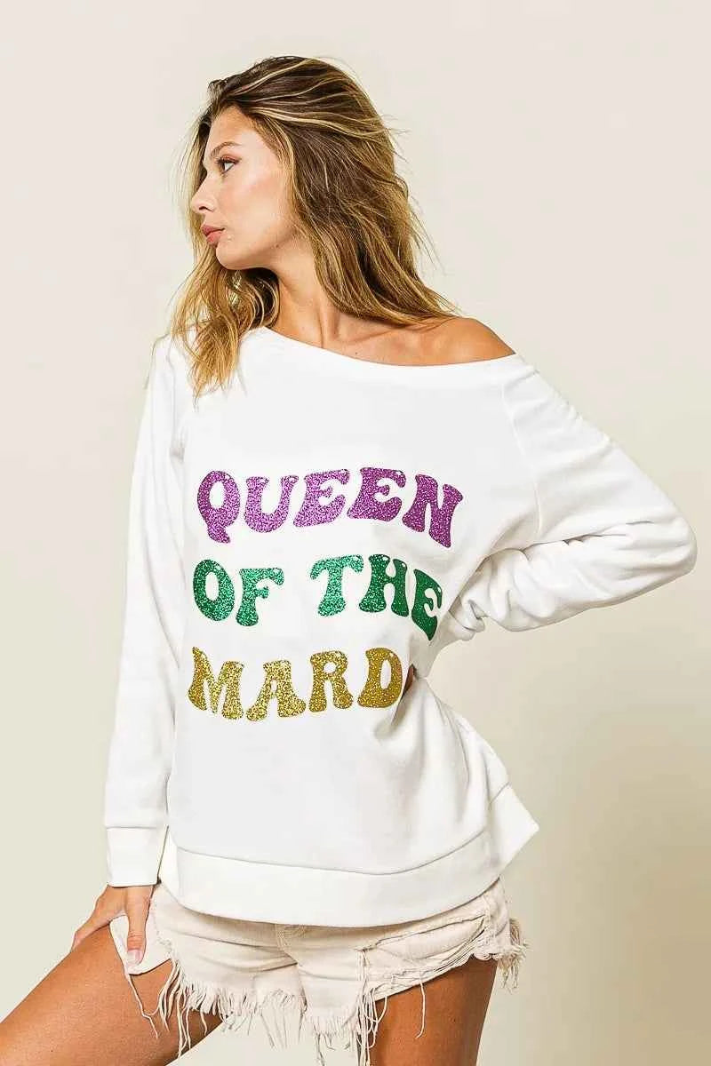 BiBi Women’s Mardi Gras Glitter Print Sweatshirt Queen of Mardi Casual Top