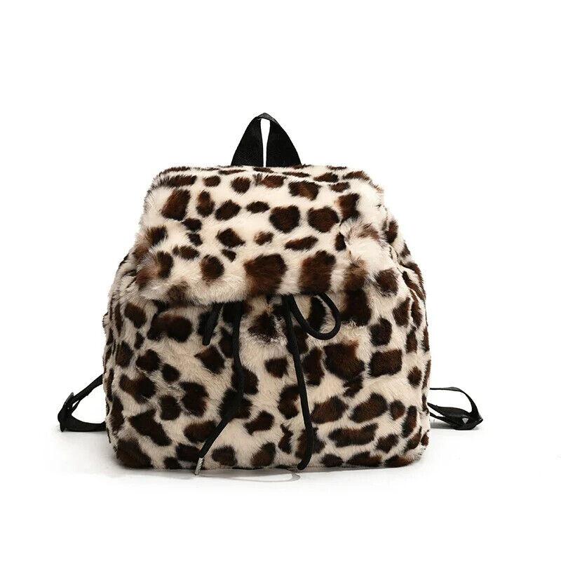 Faux Fur Small Leopard Backpacks Women's Flap Drawstring Soft Solid Shoulder Bag