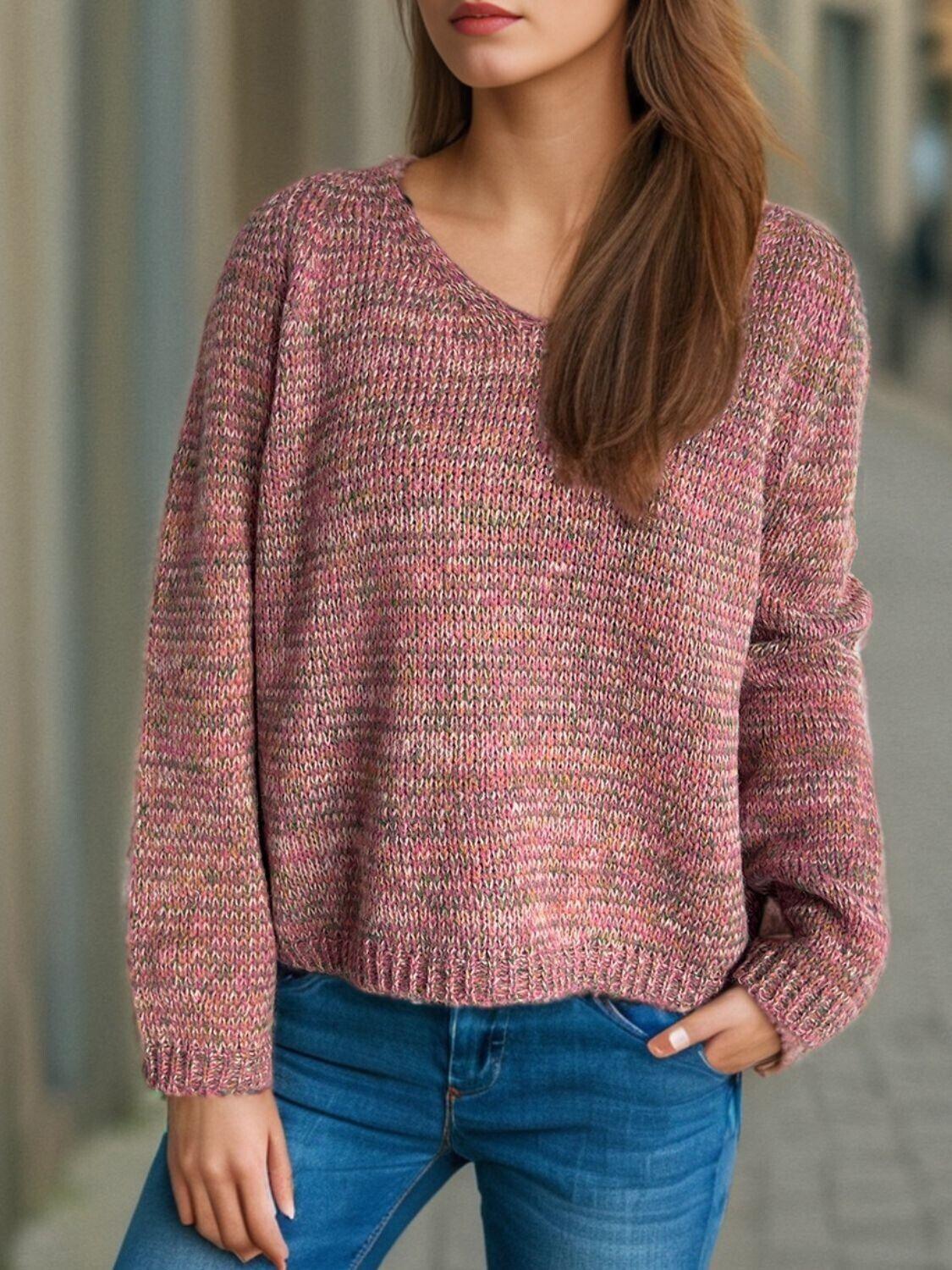 Women Heathered Colorful Sweater V-Neck Long Sleeve Basic Style Pullover Dusty Pink One Size 57_01be59b7-8189-4dcc-ad1c-138cb8bafb14 STYLEINGER