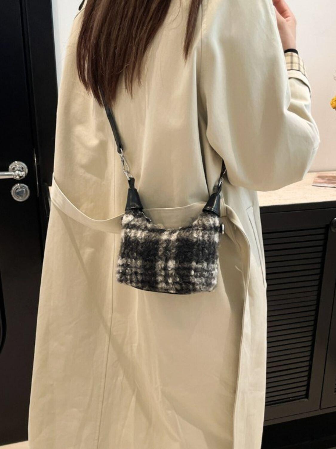 Mini Plaid Handbag Fuzzy Polyester Lock Handle Zipper Crossbody 57_0254abcb-61b0-403f-8268-096062d3c306 STYLEINGER