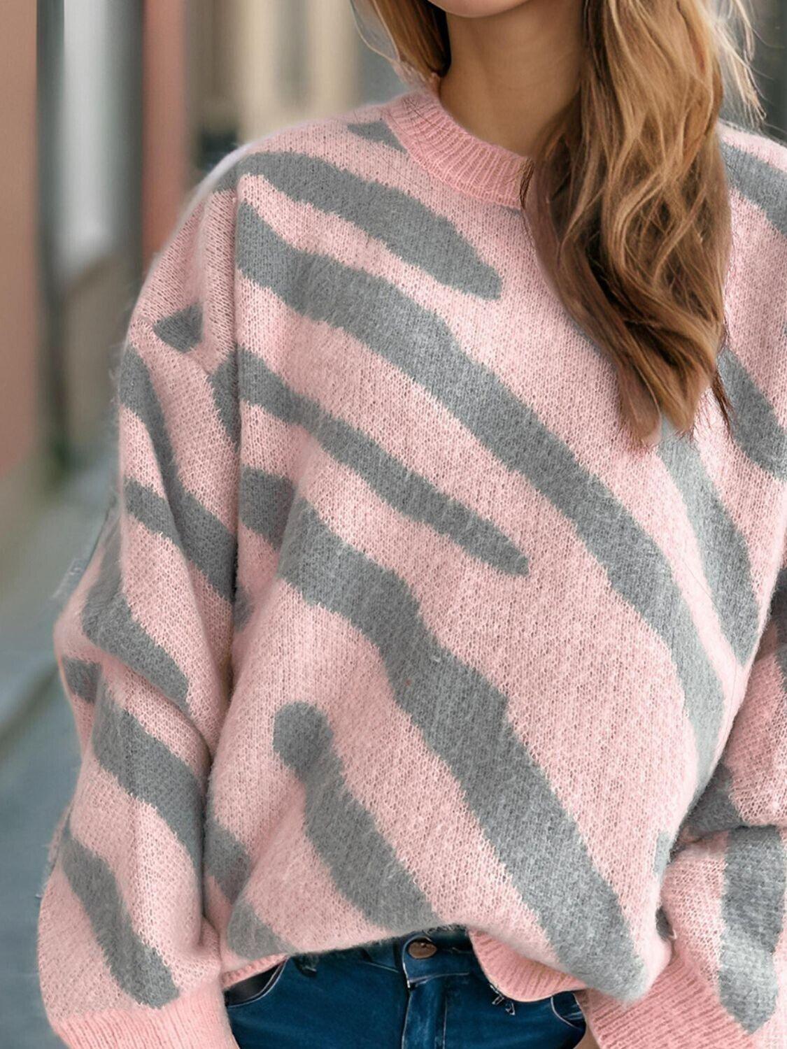 Women Knit Sweater Zebra Contrast Pattern Round Neck Long Sleeve Pullover 57_04429dfa-51a3-451f-936b-9825c910f7b8 STYLEINGER