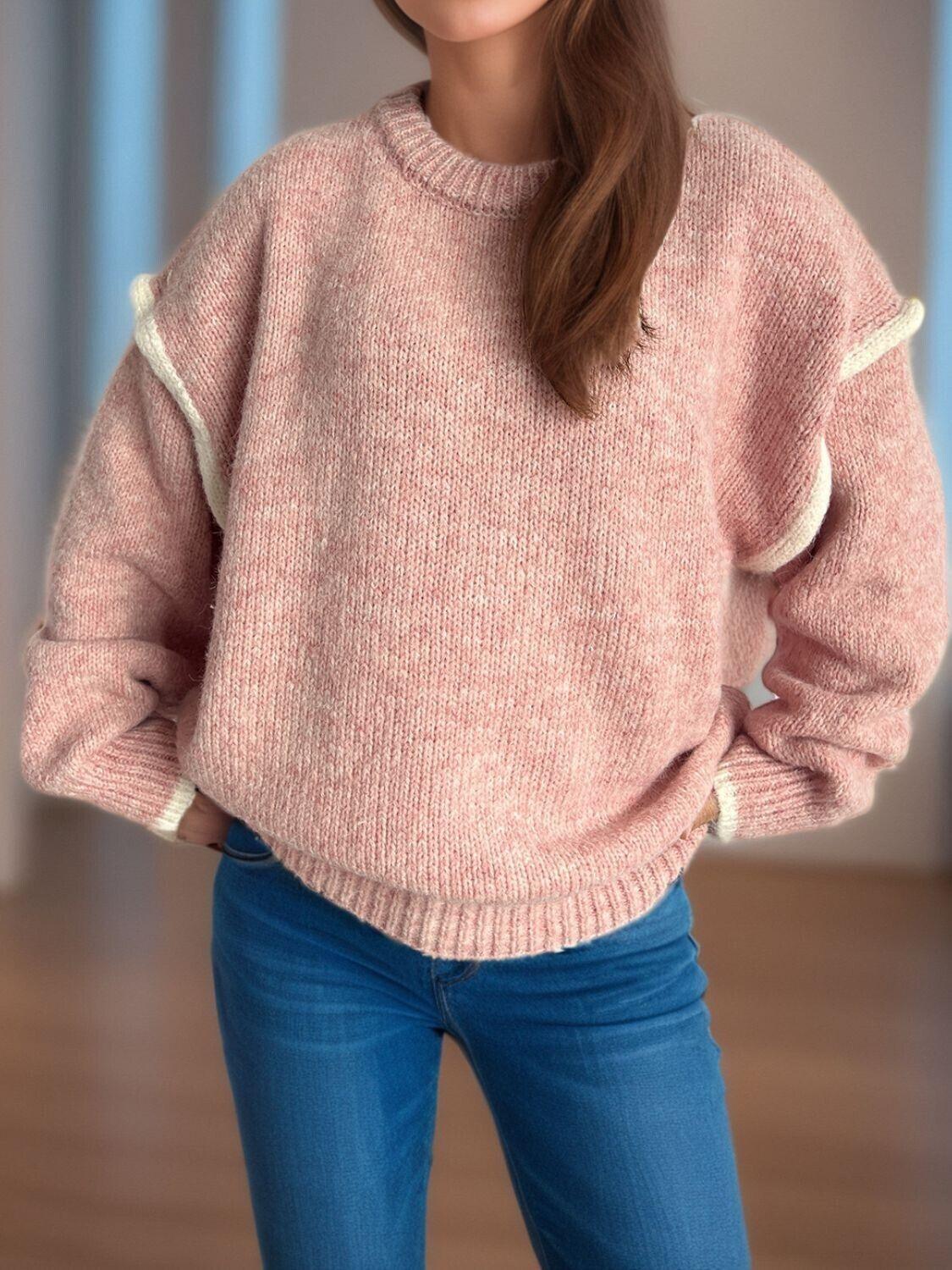 Women Contrast Trim Sweater Round Neck Dropped Shoulder Long Sleeve Pullover 57_063f7e22-8010-4b80-a55d-9162490124e4 STYLEINGER