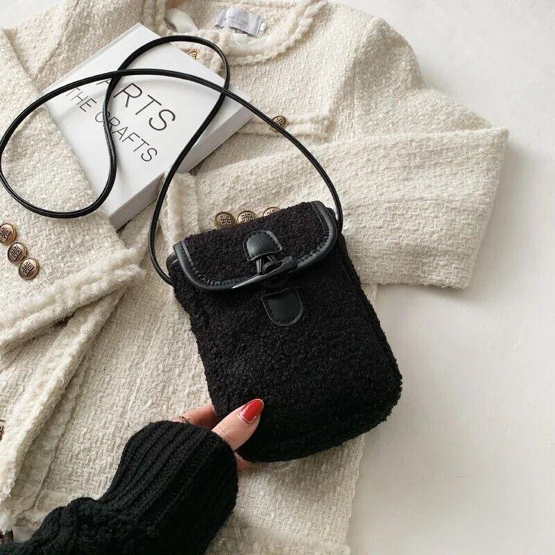 Mini Soft Lamb Down Fabric Plush Women's Toggle Flap Crossbody Phone Purses Black #2
