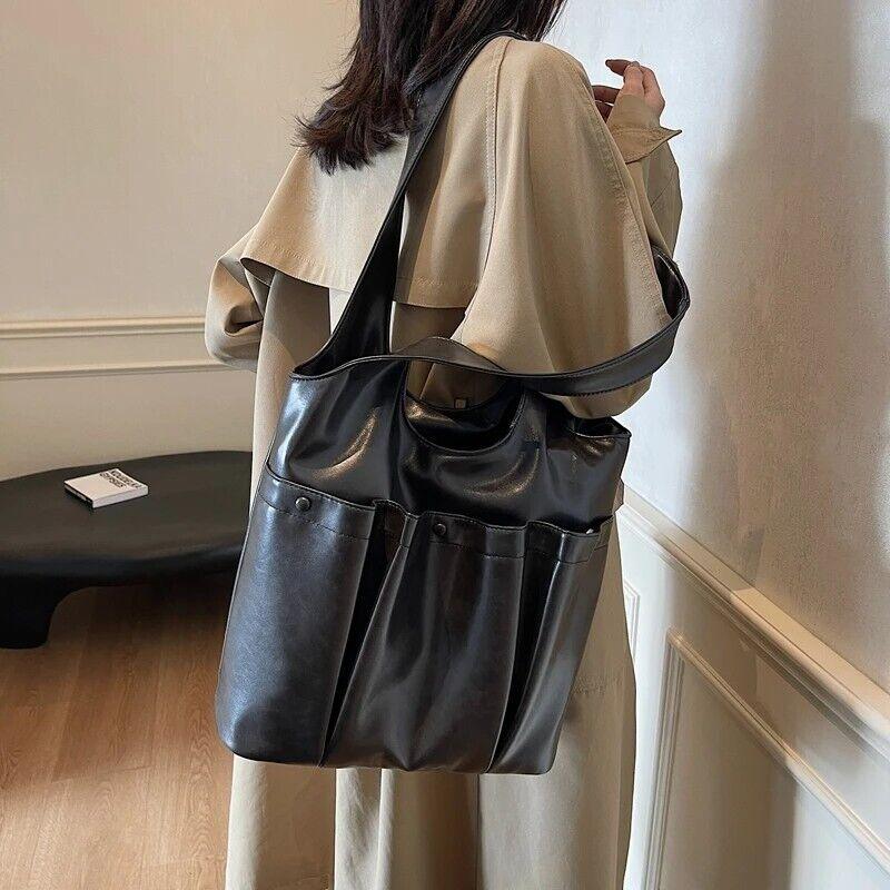 Large Leather Shoulder Bags 3 Outer Pleated Pockets Style Zipper Women Handbags