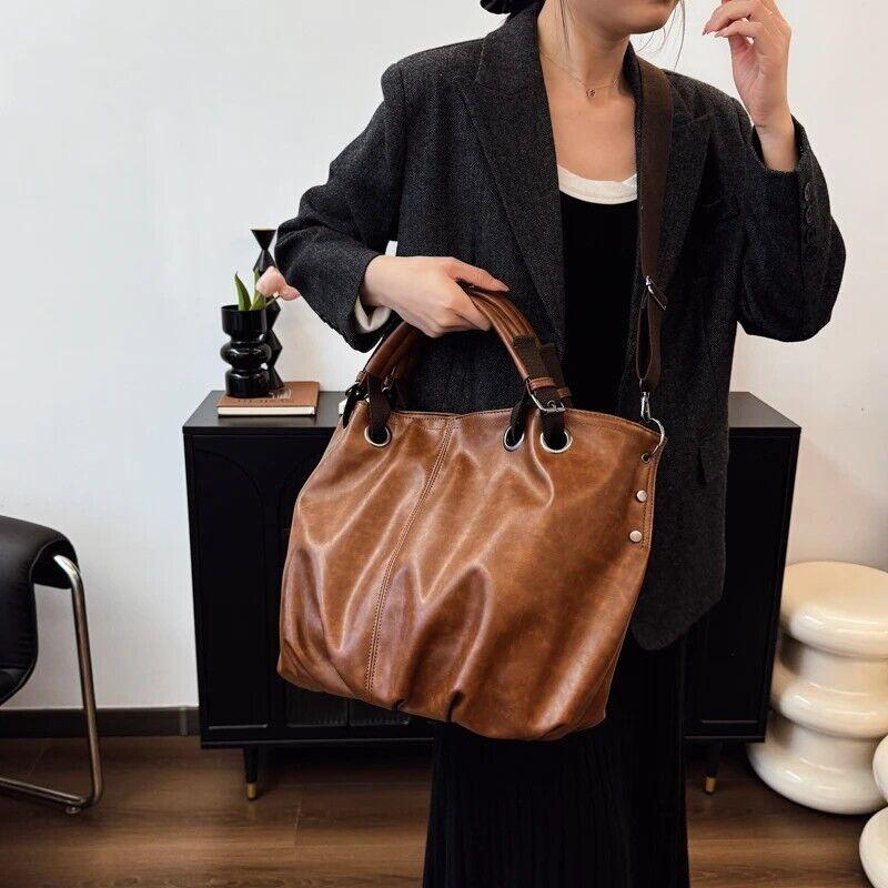 Leather Tote Bags Extra Large Women Zipper Double Handles Soft Pleated Handbag