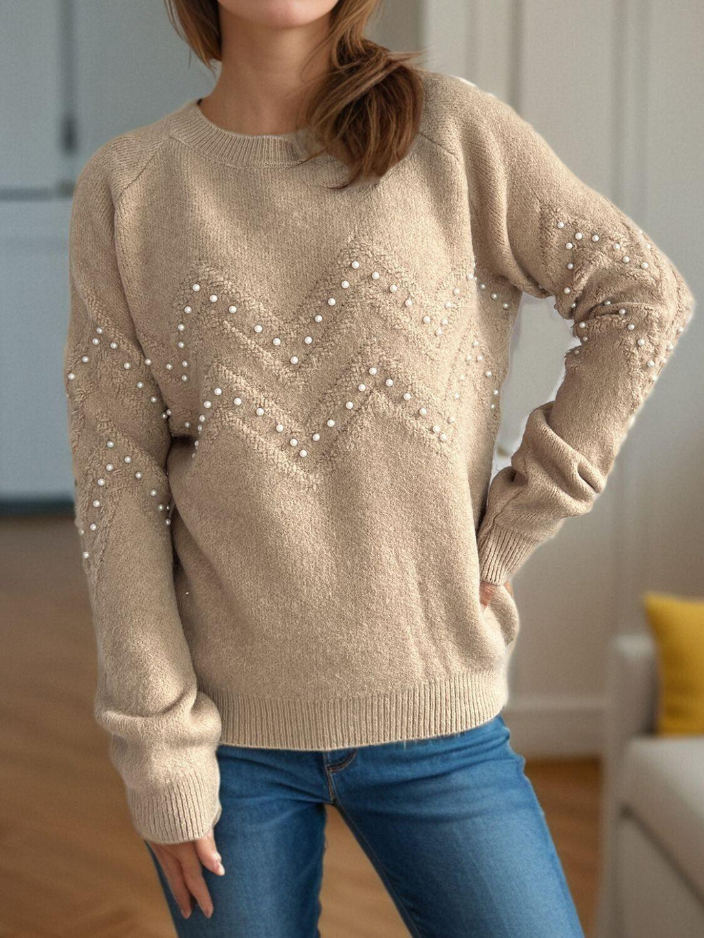 Women Pearl Beaded Sweater Geometric Pattern Round Neck Long Sleeve One Size 57_07f2ca99-d18f-49cf-95b2-464f894ac371 STYLEINGER