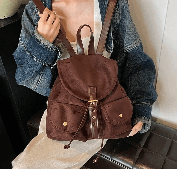 Suede Women Backpacks Soft Flap Outer Pockets Drawstring Medium Shoulder Bags