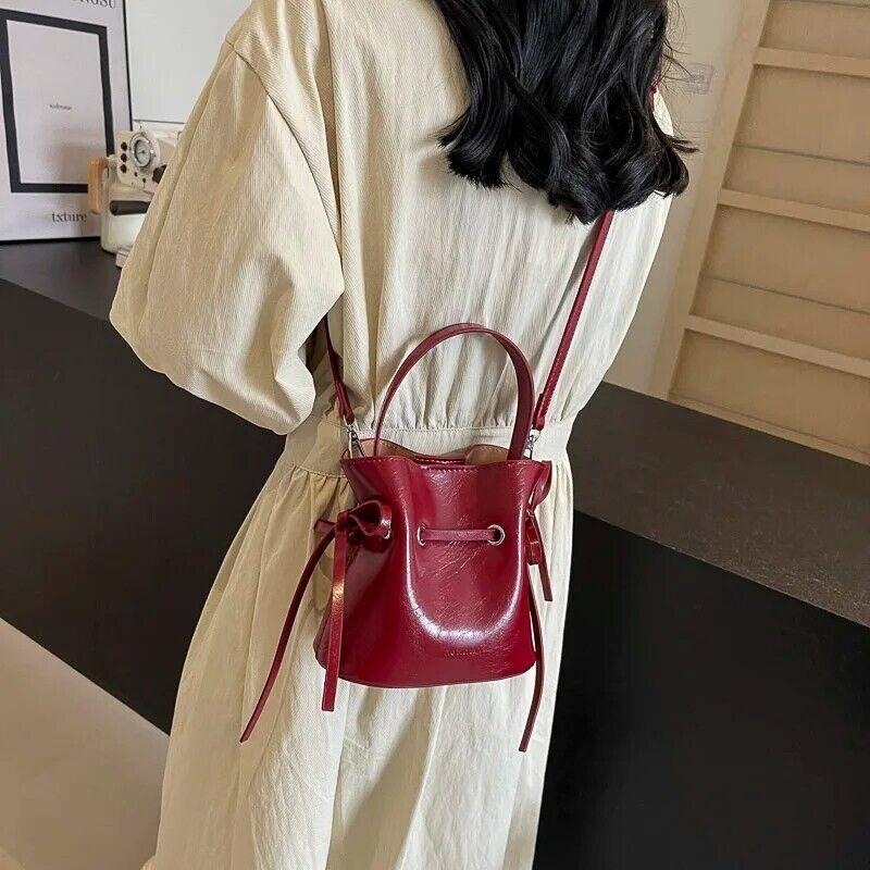 Mini Leather Bucket Bags Soft 2 in 1 Removable Pouch Drawstring Snap Crossbody