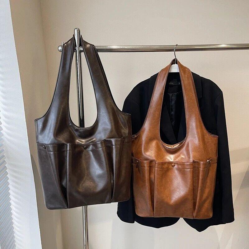 Large Leather Shoulder Bags 3 Outer Pleated Pockets Style Zipper Women Handbags