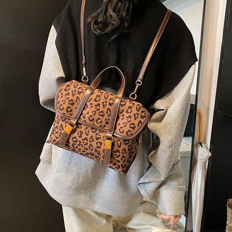 Medium Leather Satchel Bags Flap Snap Women's Leopard Reversible Backpacks