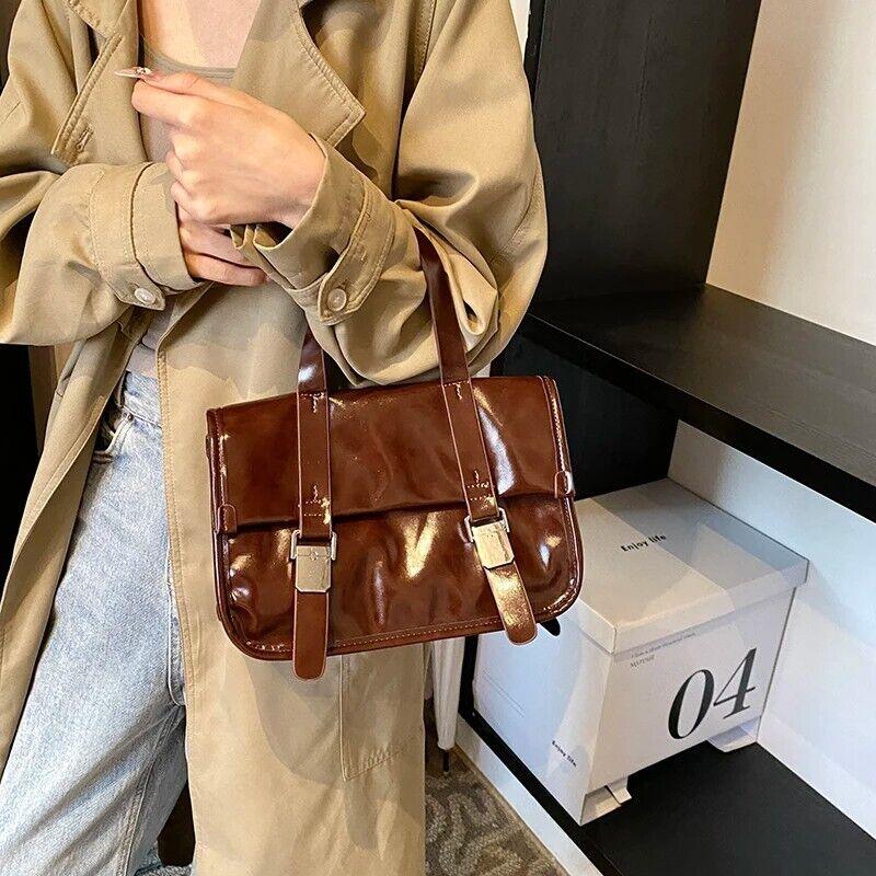 Medium Leather Satchel Bags Flap Push Lock Women's Flap Zipper Crossbody Bags