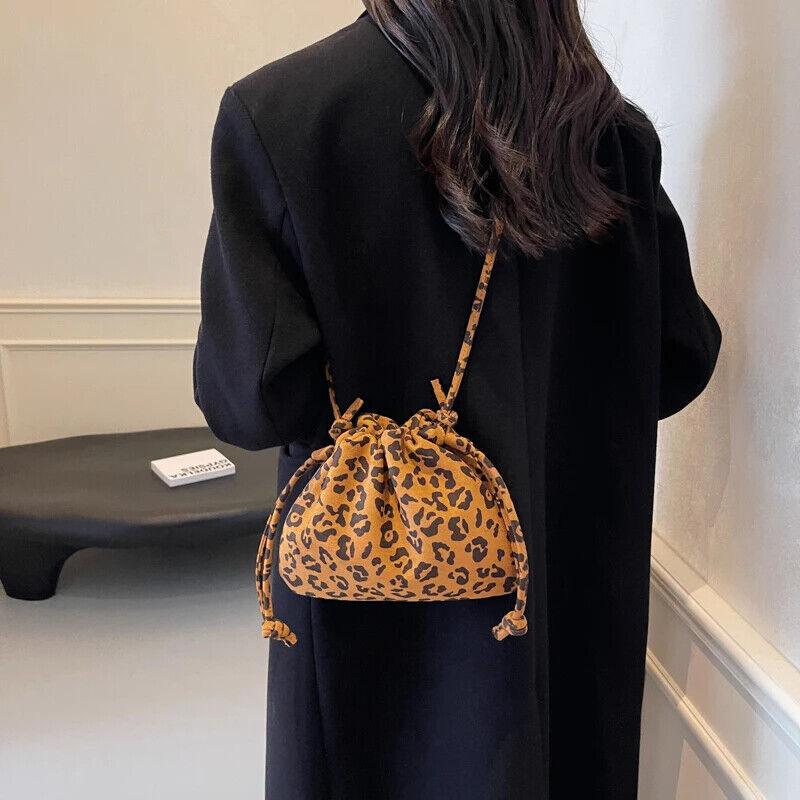 Nubuck Leather Leopard Crossbody Bags Small Drawstring Solid Soft Purses