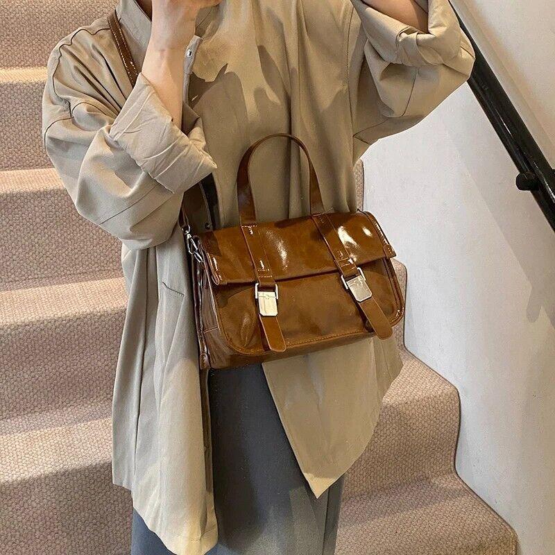 Medium Leather Satchel Bags Flap Push Lock Women's Flap Zipper Crossbody Bags