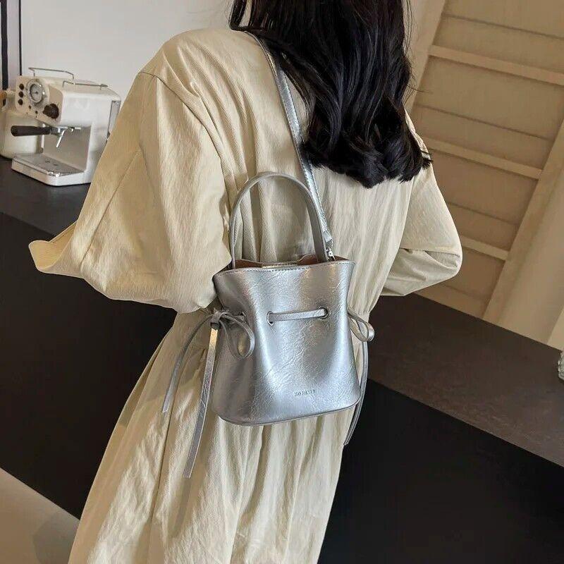 Mini Leather Bucket Bags Soft 2 in 1 Removable Pouch Drawstring Snap Crossbody