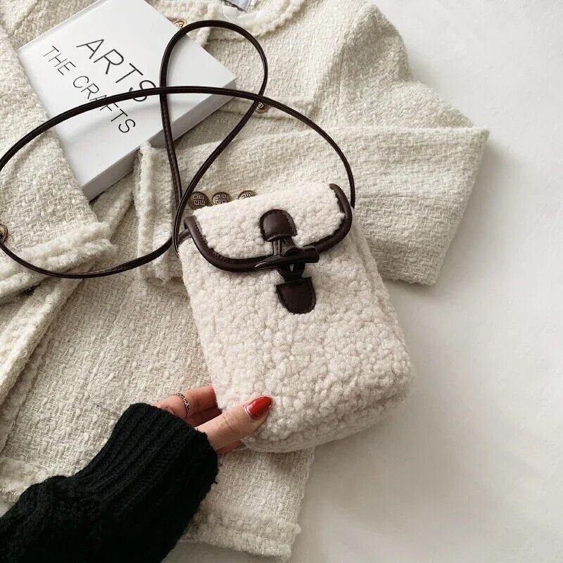 Mini Soft Lamb Down Fabric Plush Women's Toggle Flap Crossbody Phone Purses Beige #1