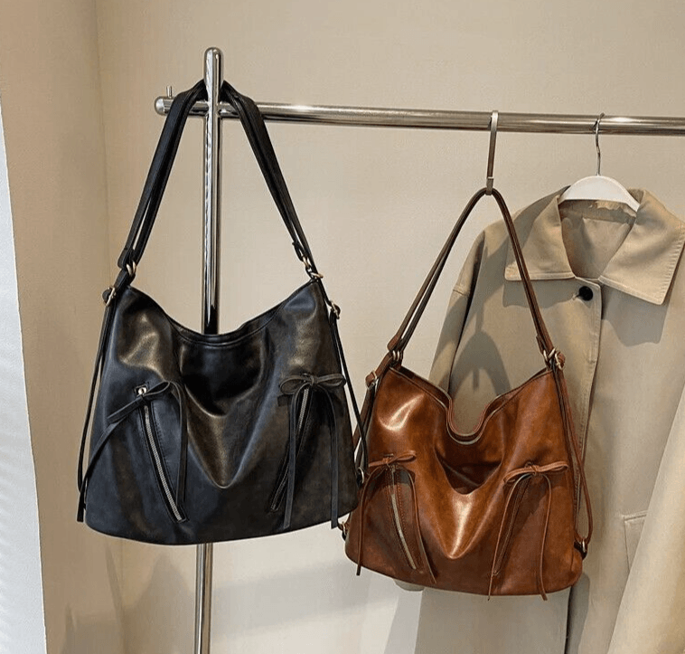 Large Leather Shoulder Bags Bow Zipper Outer Pockets Women Solid Backpacks