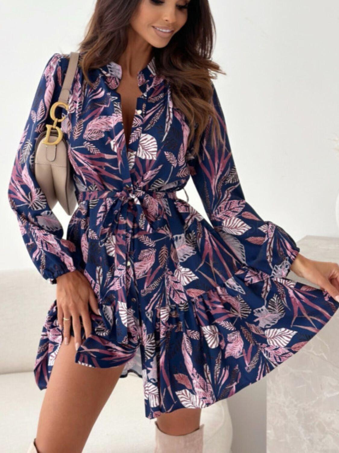 Floral Shirt Dress Ruffle Hem Long Sleeve Single Breasted Belted Casual Short