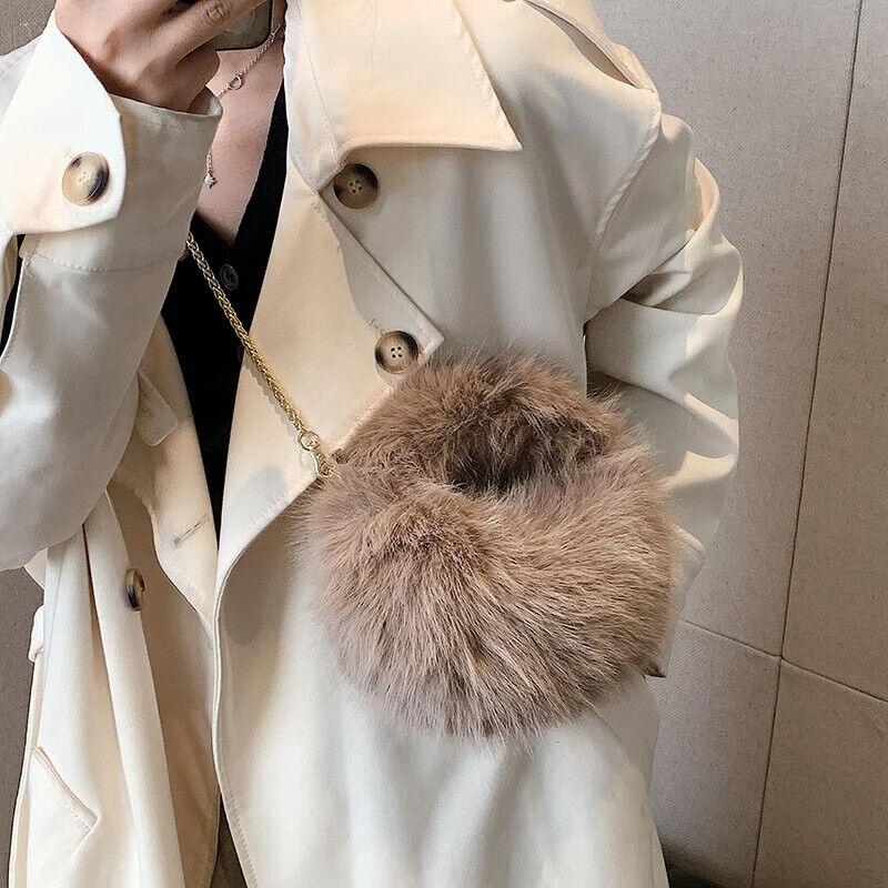 Faux Fur Crossbody Bags Women's Soft Chain Strap Snap Short Wrist Handle Purses