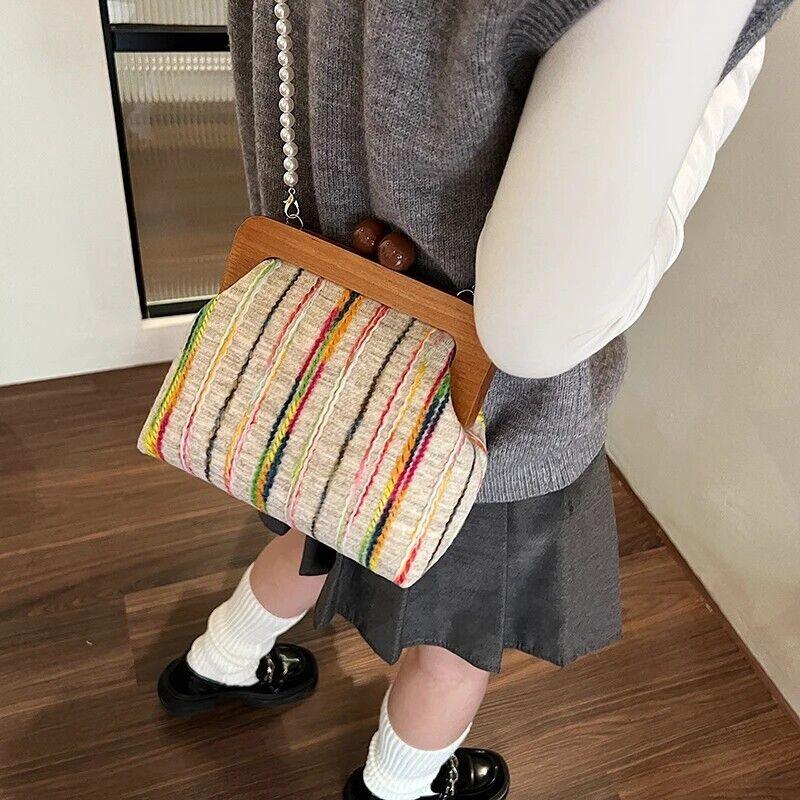 Small Clutches Colorful Striped Wooden Pearl Strap Women's Soft Crossbody Bags