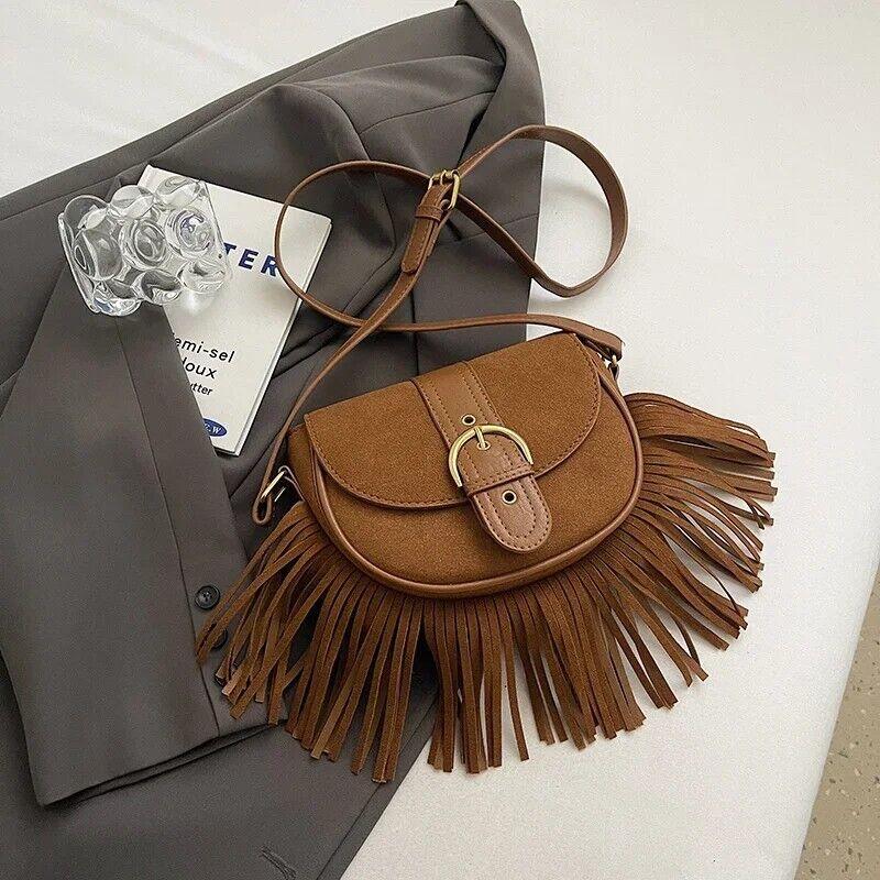 Mini Tassel Saddle Bags Nubuck Leather Flap Belt Buckle Style Women's Crossbody Brown 57_115876c9-4a45-40db-9fd6-38166e171113 STYLEINGER
