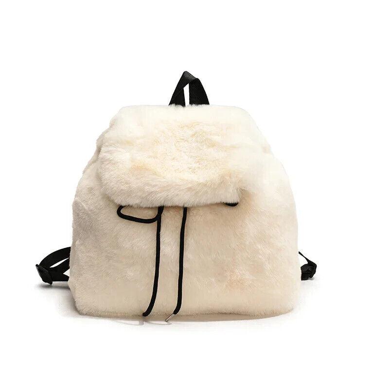 Faux Fur Small Leopard Backpacks Women's Flap Drawstring Soft Solid Shoulder Bag