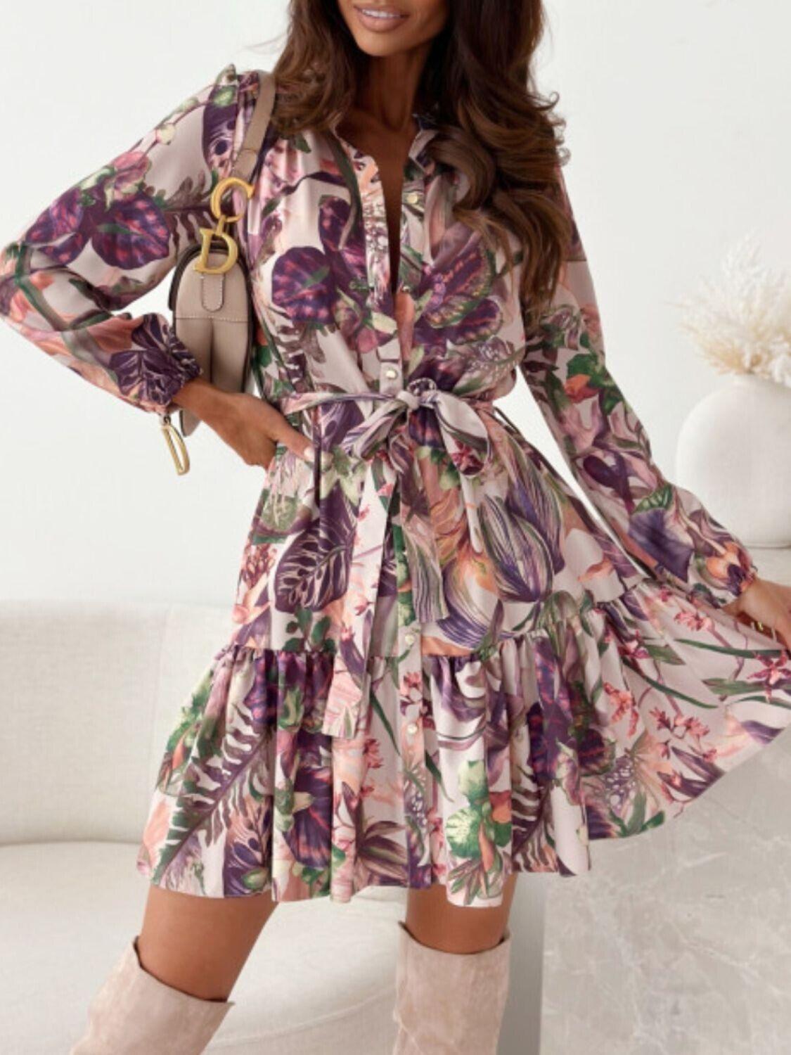 Floral Shirt Dress Ruffle Hem Long Sleeve Single Breasted Belted Casual Short