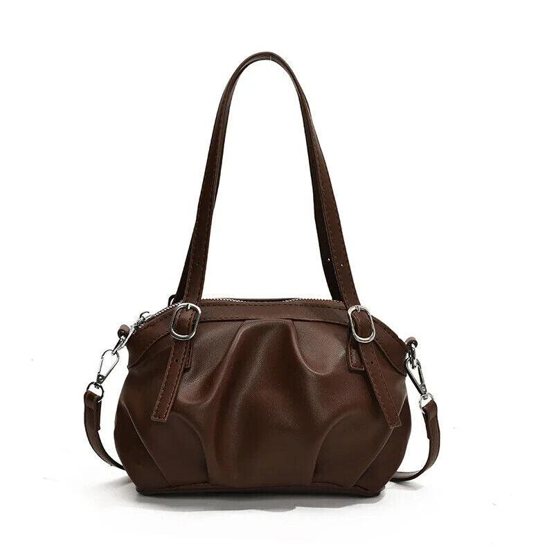 Small Buckets Bags Leather Pleated Belt Buckle Women Soft Zipper Handbags Dark Brown 57_12997864-5118-46d8-9e26-83d4692a2f97 STYLEINGER