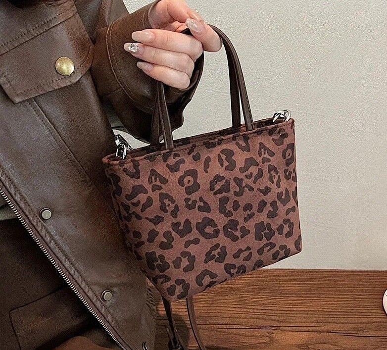 Leopard Mini Crossbody Handbags Soft Sued Leather Zipper Tote Women Square Purse