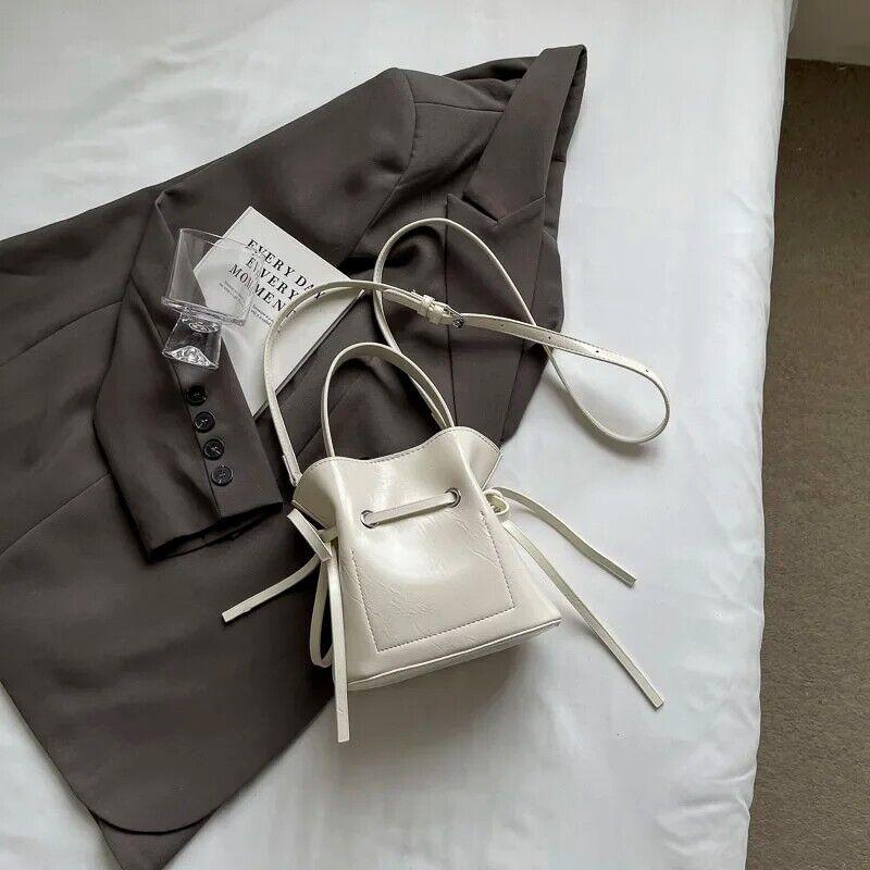 Mini Leather Bucket Bags Soft 2 in 1 Removable Pouch Drawstring Snap Crossbody Beige