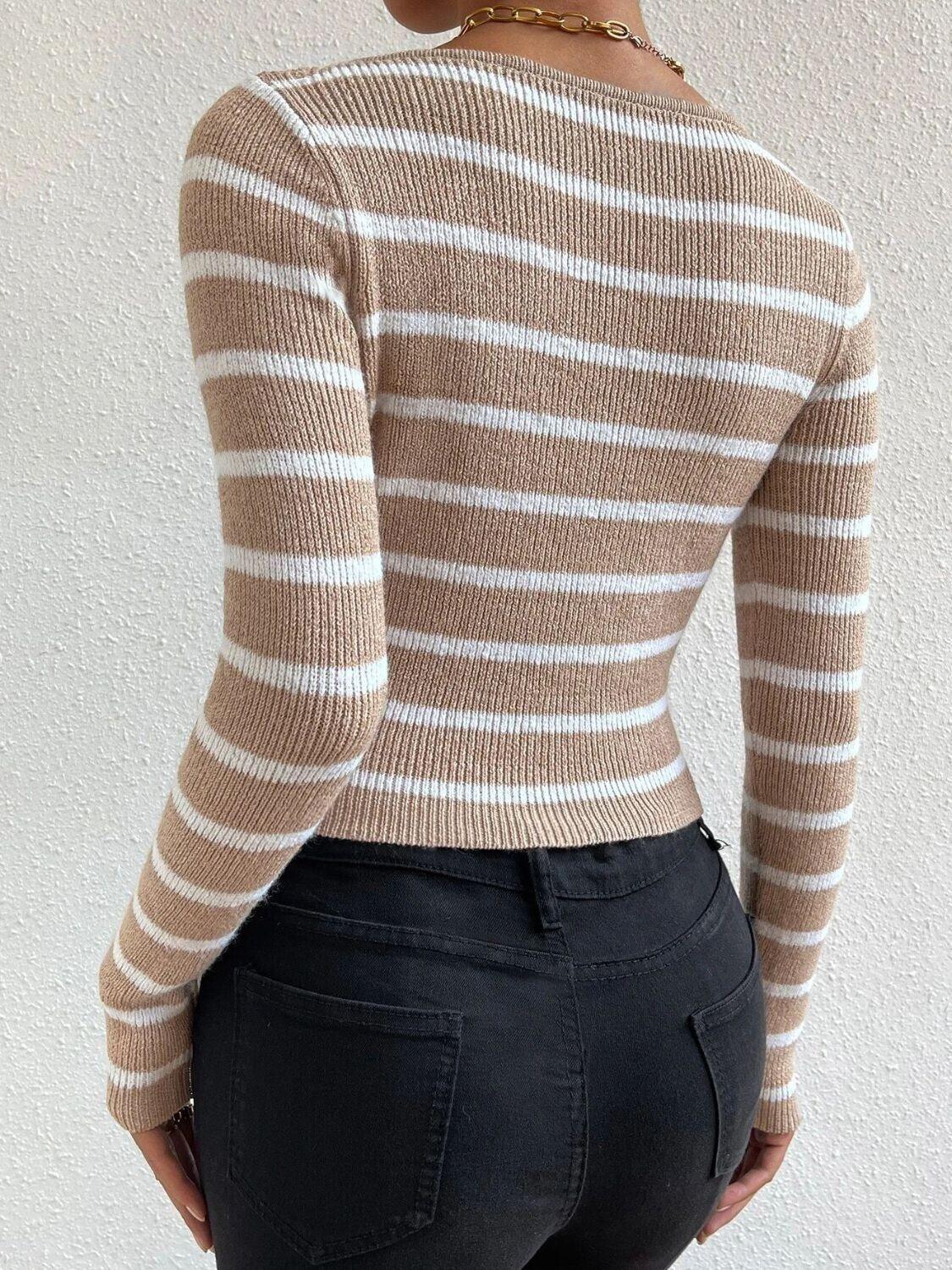 Striped Sweater Notched Square Neck Slim Long Sleeve Knit Women Short Top 57_15d26990-df18-40ab-aca4-b291dded8cd1 STYLEINGER
