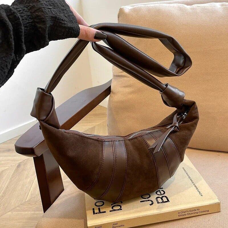 Large Nubuck Leather Patch Crescent Shoulder Bag Zipper Women's Soft Purses Dark Brown 57_1826712a-6a60-4451-bb76-afa0e192aabb STYLEINGER