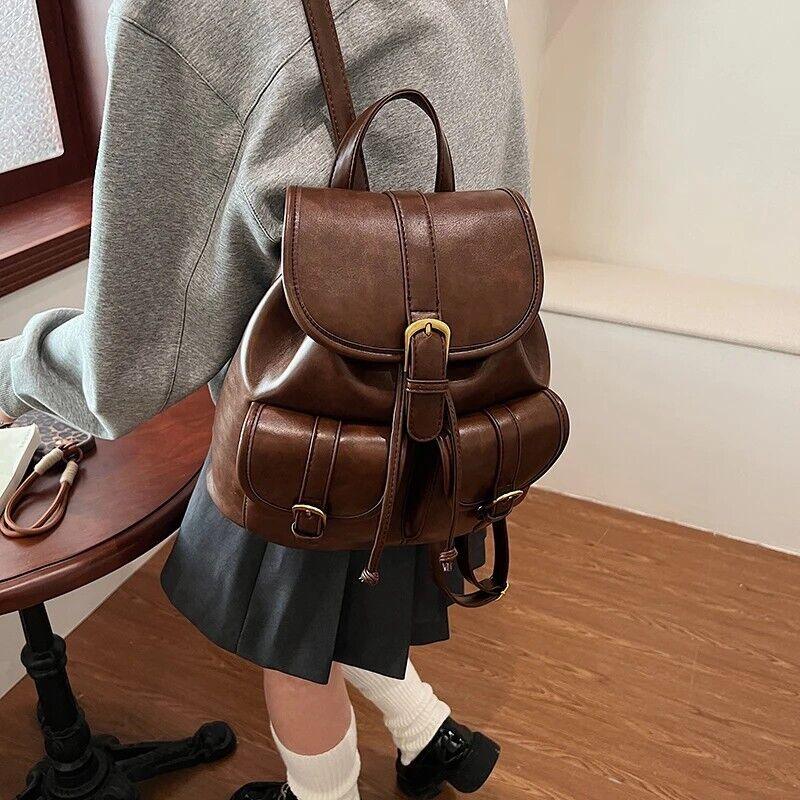 Retro Leather Backpacks Medium Outer Flap Pockets Drawstring Snap Handbags