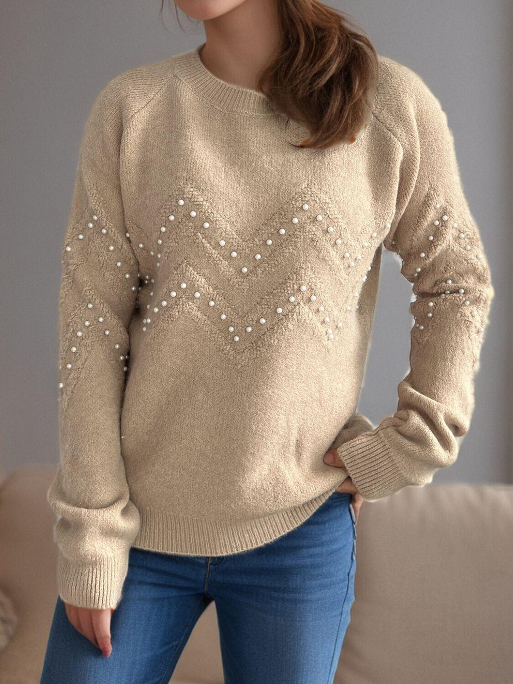 Women Pearl Beaded Sweater Geometric Pattern Round Neck Long Sleeve One Size Tan One Size 57_1bf52b62-aabc-4360-81ad-8b3035367fbf STYLEINGER