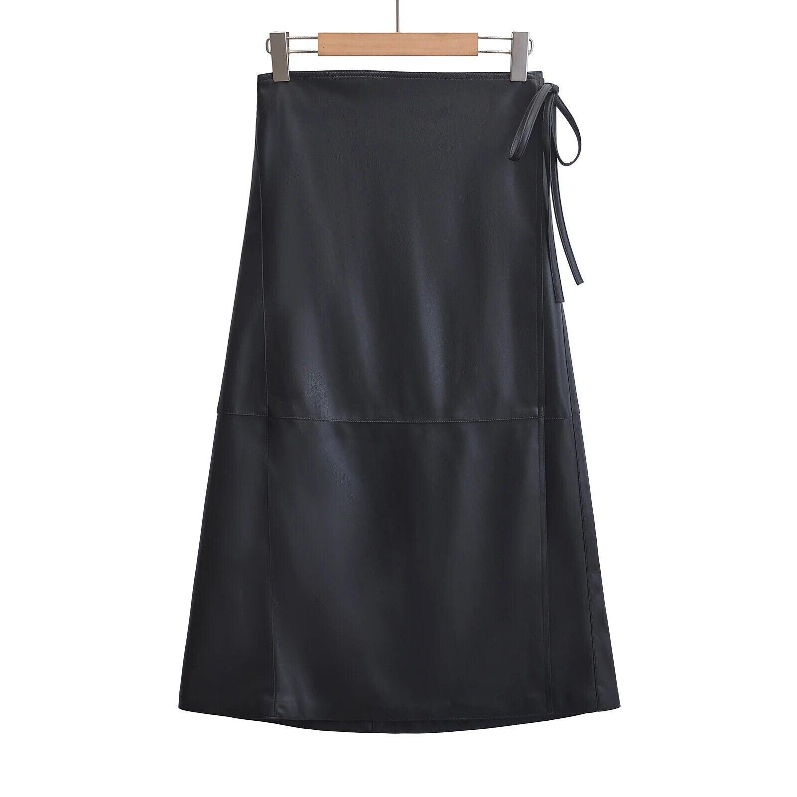 Midi Skirt Women's Faux Leather Lace-up Side A-Line High Waist Wrap Belt Tie