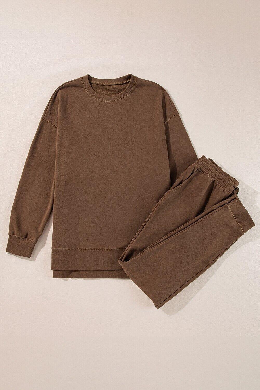 Outfit Set Women Cotton Blend Casual Round Neck Side Slit Sweatshirt and Pant