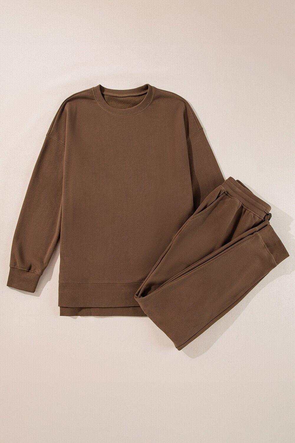 Outfit Set Women Cotton Blend Casual Round Neck Side Slit Sweatshirt and Pant Coffee Brown 57_1c406dbb-974e-48d8-9e62-2abbb3ee8fac STYLEINGER