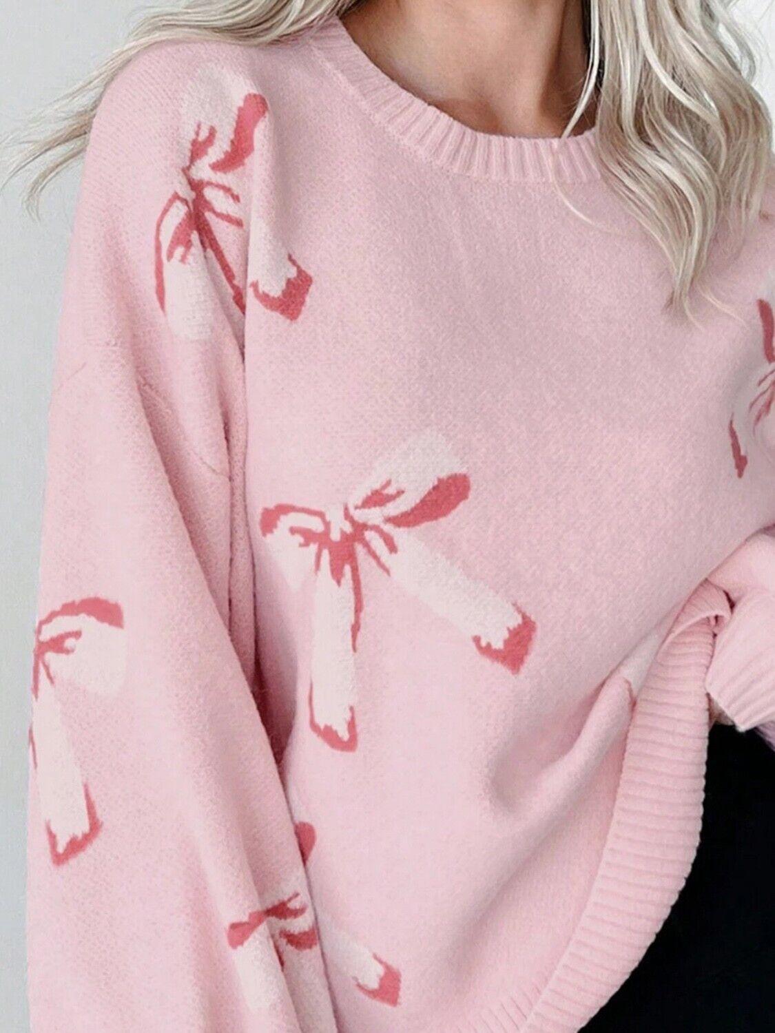 Bow Sweater Women Round Neck Long Sleeve Soft Knit Casual Oversized Pullover